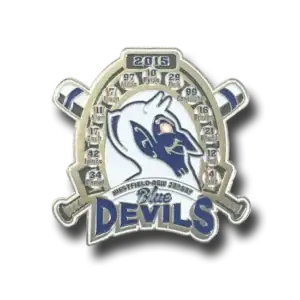 Blue Devils baseball pin with a stylized devil logo, crossed bats, and the year 2015 at the top. Names and numbers of team members like Jason and Christopher surround the logo. Text reads Westfield, New Jersey Blue Devils.