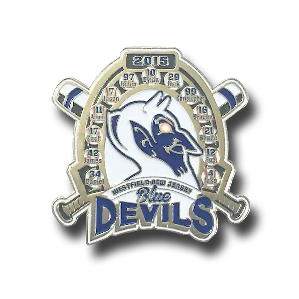Blue Devils baseball pin with a stylized devil logo, crossed bats, and the year 2015 at the top. Names and numbers of team members like Jason and Christopher surround the logo. Text reads Westfield, New Jersey Blue Devils.