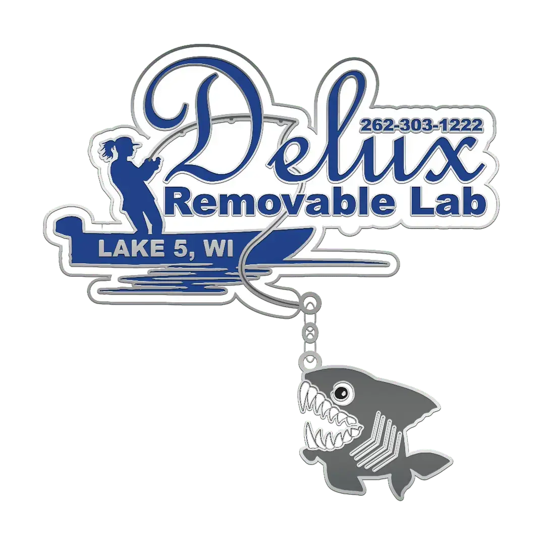 Logo for Delux Removable Lab with a silhouette of a person fishing. Text reads 262-303-1222, Delux Removable Lab, Lake 5, WI. A shark with a hook in its mouth hangs below.