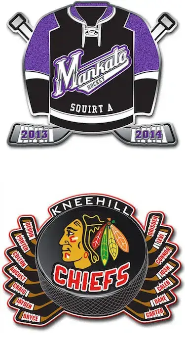 Two hockey team logos: the top features a purple and black jersey with Mankato Hockey SQUIRT A 2013 2014; the bottom displays KNEEHILL CHIEFS, complete with a puck, feathers, and Native American profile—perfect designs for custom Hockey Pins.