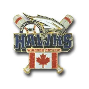 Pin design featuring two crossed baseball bats behind a hawks head and the word HAWKS in bold letters. A baseball with 2015 and a maple leaf flag labeled Windsor Ontario are included. The pin reads Walker Homestead.