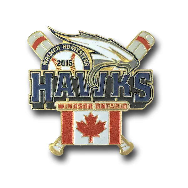 Pin design featuring two crossed baseball bats behind a hawks head and the word HAWKS in bold letters. A baseball with 2015 and a maple leaf flag labeled Windsor Ontario are included. The pin reads Walker Homestead.