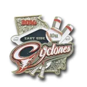 Enamel pin featuring East Side Cyclones in stylized text over a background of Georgias shape. Includes two baseball bats, a baseball with 10U, a home plate, and the year 2016 in red.