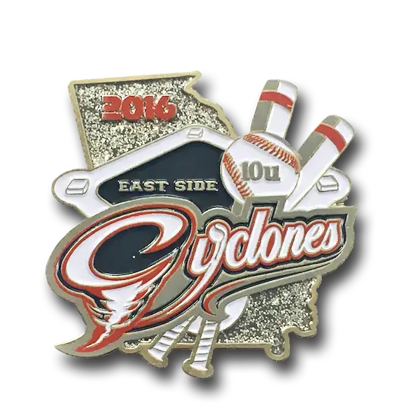 Enamel pin featuring East Side Cyclones in stylized text over a background of Georgias shape. Includes two baseball bats, a baseball with 10U, a home plate, and the year 2016 in red.