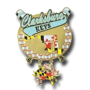 Gold lapel pin featuring the text Clarksburg Keys with baseball graphics and the outline of Maryland adorned with its flag pattern. A dangling crab charm also bears the Maryland flag design.