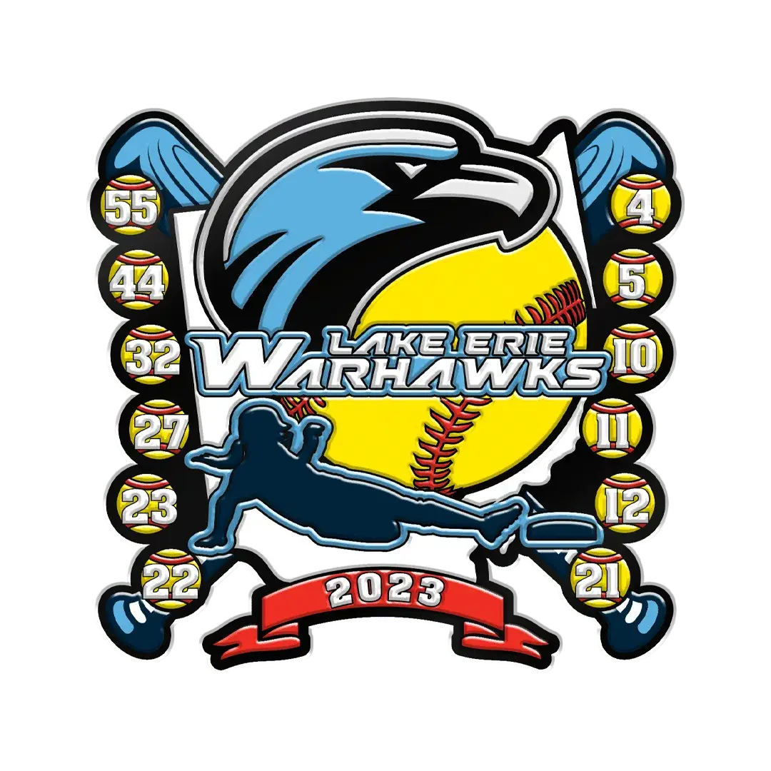 Colorful emblem for Lake Erie Warhawks 2023 featuring a hawk, a large softball, and a silhouette of a player sliding. Surrounded by six softball shapes with numbers 5, 4, 11, 10, 12, 21, and 55, 44, 32, 27, 23, 22. Red ribbon with year 2023.
