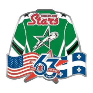 Illustration of a green hockey jersey with Long Island Stars and a logo. Below, crossed American and Quebec flags with 67 and Pee-Wee text, and 2023 Quebec above a star and a hockey puck.