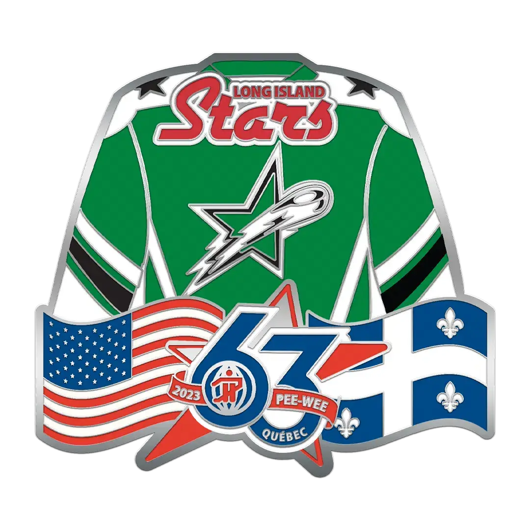 Illustration of a green hockey jersey with Long Island Stars and a logo. Below, crossed American and Quebec flags with 67 and Pee-Wee text, and 2023 Quebec above a star and a hockey puck.
