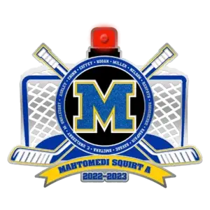 Illustration of a hockey-themed emblem with a large blue M at the center, crossed hockey sticks, and a net. A yellow banner reads Mahtomedi Squirt A 2022-2023, surrounded by names like Gumm, Coffey, and Hogan.