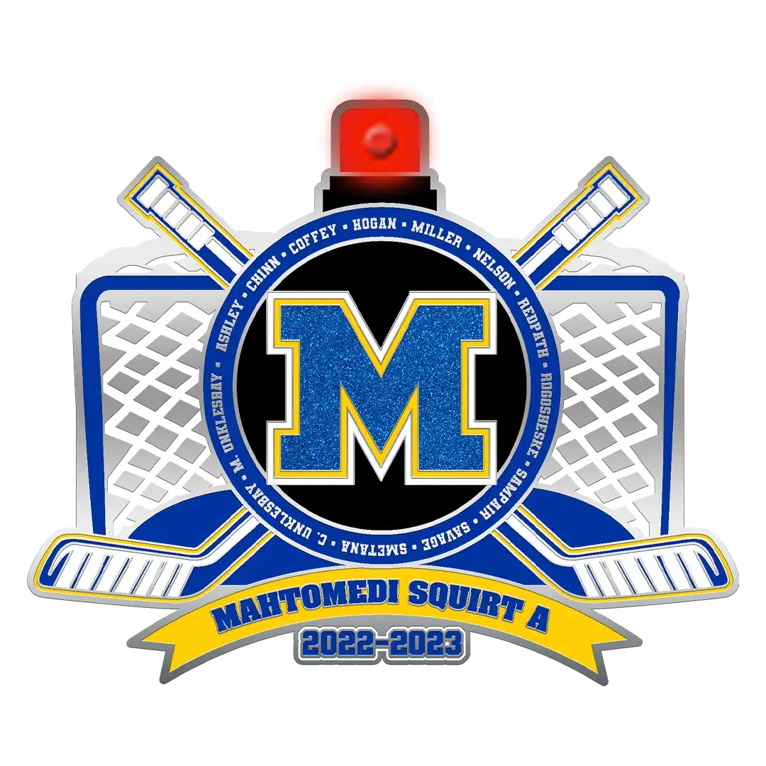 Illustration of a hockey-themed emblem with a large blue M at the center, crossed hockey sticks, and a net. A yellow banner reads Mahtomedi Squirt A 2022-2023, surrounded by names like Gumm, Coffey, and Hogan.