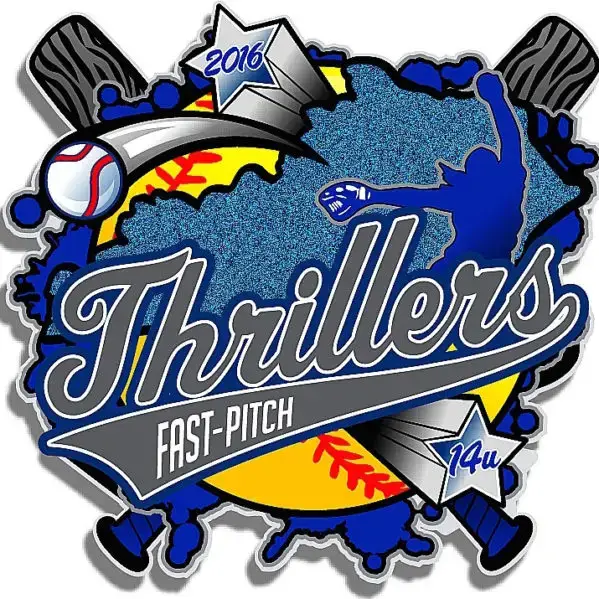 Logo for Thrillers Fast-Pitch softball team. Showcases a pitcher silhouette, two crossed bats, a ball, and Offset Printed Pins of two trophies labeled 2016 and 14u, over a vibrant yellow and blue background.