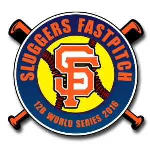 Logo for Sluggers Fastpitch featuring a large SF in orange and white centered on a yellow circle. The text reads Sluggers Fastpitch and 128 World Series 2016 with crossed bats behind the circle, designed as offset printed pins for a bold, memorable display.