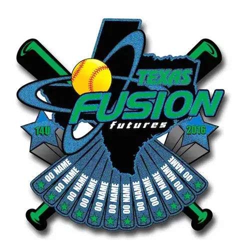 Logo depicting Texas Fusion Futures with a yellow softball and green bats, offset reminiscent of printed pins. The design features a silhouette of Texas, blue and green text, stars, and placeholders labeled 00 Name, with the number 2016 and 14U elegantly displayed on the sides.