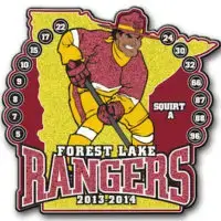Illustrated patch featuring a hockey player in yellow and red gear, holding a stick, overlaying a map. Text reads: Forest Lake Rangers Squirt A 2013-2014 with numbers around the border. Inspired by offset printed pins, this design captures a dynamic spirit.