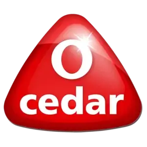 Red triangular logo with a glossy finish, featuring a white letter O at the top. Below the O, in lowercase white letters, is the word cedar. A star-like flare graces the top edge of this striking design, enhancing its allure much like offset printed pins.