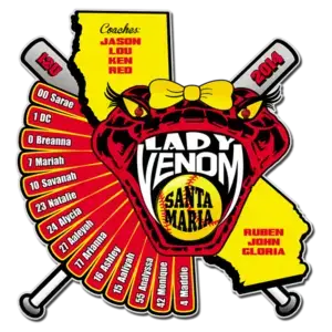 The Lady Venom softball team logo showcases a red snake head gripping a softball, surrounded by bats. Offset printed pins proudly display the team name, player numbers, and coaches names alongside Santa Maria and the years 1996 and 2014.