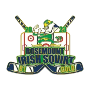 Logo for the 2023 Rosemount Irish Squirt B1 Gold hockey team, featuring a leprechaun skating with a hockey stick over a goal and crossed sticks in the background.