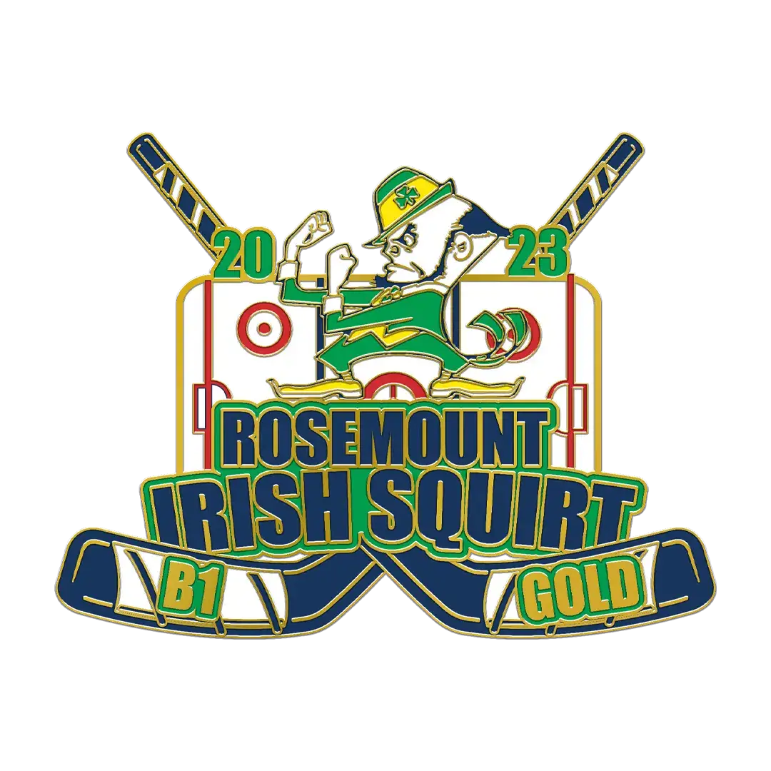 Logo for the 2023 Rosemount Irish Squirt B1 Gold hockey team, featuring a leprechaun skating with a hockey stick over a goal and crossed sticks in the background.