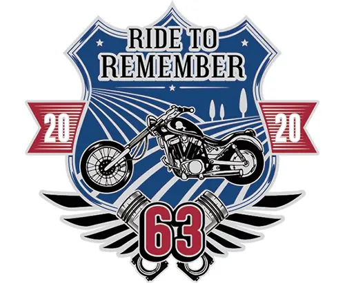 Custom silkscreen trading pin: shield emblem with motorcycle, Ride to Remember text, 2020 dates, 63 over piston wings.