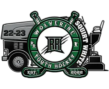 Logo for Wolverine Youth Hockey Squirt White team, perfect for hockey pins. Features two crossed hockey sticks, a Zamboni labeled 22-23, and the initials RR in the center. Text includes Wolverine Youth Hockey and Est. 2022. Green, white, and black color scheme.