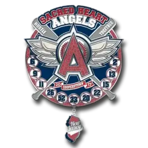 A baseball-themed logo reading Sacred Heart Angels with a winged letter A at the center. Surrounding numbers resemble a clock. Two crossed bats are on top, and a New Jersey shape hangs below. The text includes Hustle and Together on the sides.