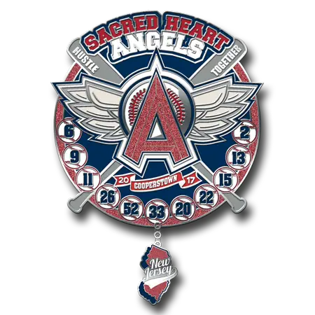 A baseball-themed logo reading Sacred Heart Angels with a winged letter A at the center. Surrounding numbers resemble a clock. Two crossed bats are on top, and a New Jersey shape hangs below. The text includes Hustle and Together on the sides.