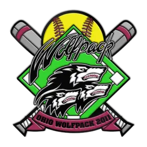 Logo featuring two wolf heads on a green baseball diamond background with a yellow softball behind them. The word Wolfpack is prominent above, with crossed bats and a banner reading Ohio Wolfpack 2011 at the bottom.