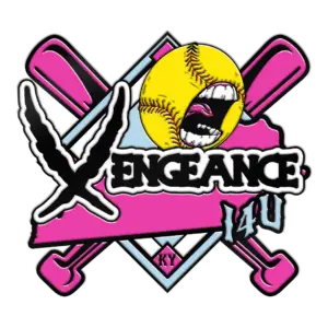 Logo for a softball team named Vengeance 14U. It features a gold softball with a mouth showing teeth, crossed pink bats, and bold text. The design includes a pink shape resembling Kentucky, and KY is written at the bottom.
