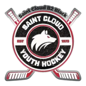 Logo of Saint Cloud Youth Hockey featuring a wolf head in the center. It has crossed hockey sticks behind and the text Saint Cloud B2 Black on top. Red and black color scheme with EST 1973 indicating the establishment year.