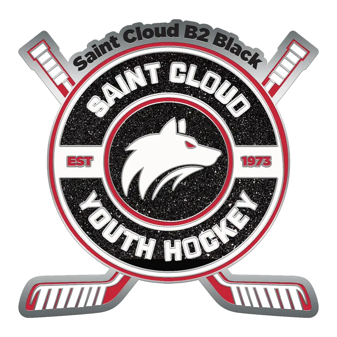 Logo of Saint Cloud Youth Hockey featuring a wolf head in the center. It has crossed hockey sticks behind and the text Saint Cloud B2 Black on top. Red and black color scheme with EST 1973 indicating the establishment year.