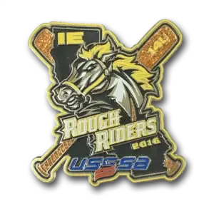 Enamel pin featuring a stylized, fierce horse head in front of two crossed hockey sticks. Rough Riders and 2016 are written prominently. The background is a silhouette of a state map, with IE and 14U text, and USSSA logo at the bottom.