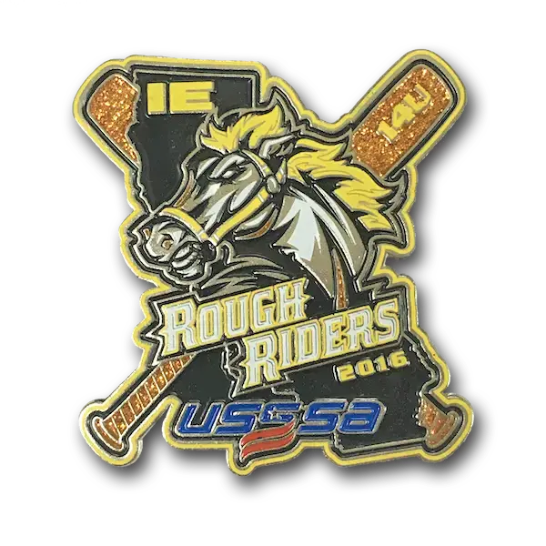 Enamel pin featuring a stylized, fierce horse head in front of two crossed hockey sticks. Rough Riders and 2016 are written prominently. The background is a silhouette of a state map, with IE and 14U text, and USSSA logo at the bottom.