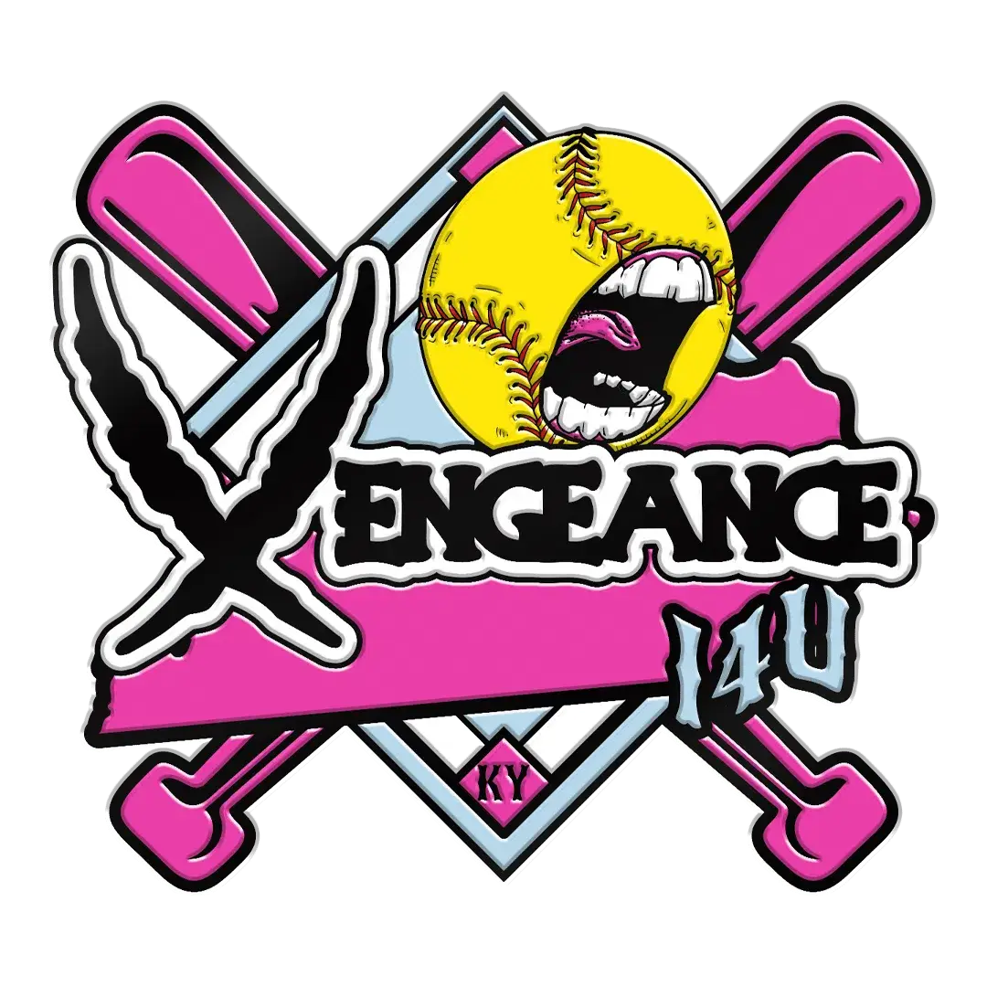 Logo featuring two pink crossed bats behind a stylized map with a softball that has a mouth with bared teeth. The word Vengeance and 14U are written in bold lettering. A small diamond shape at the bottom says KY.