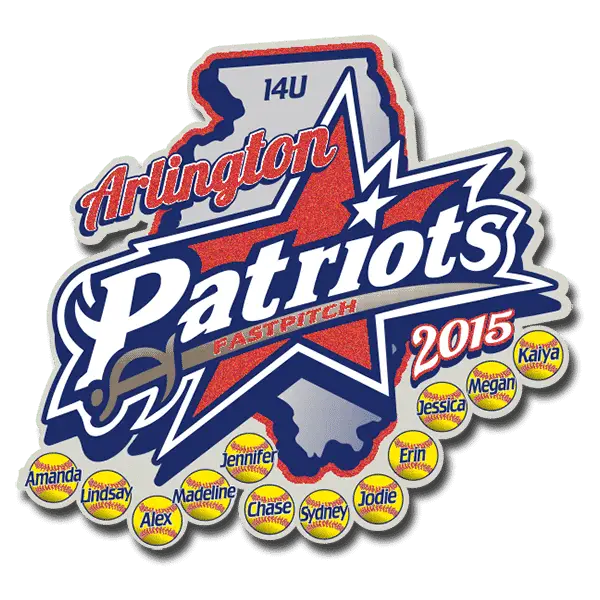 Logo of the Arlington Patriots 14U Fastpitch 2015 team, featuring a red star with Patriots overlaid, and surrounded by softball icons with names: Amanda, Lindsay, Alex, Madeline, Jennifer, Chase, Sydney, Jodie, Erin, Jessica, Megan, Kaiya.