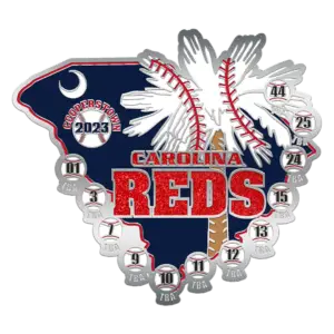 Carolina Reds baseball logo featuring a palm tree and crescent moon design. The text reads Cooperstown 2023 and includes numbered baseballs around the border with several marked TBA.