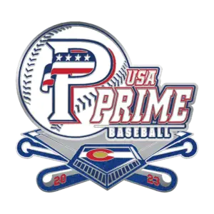 Logo featuring a baseball with a stylized P in front, incorporating stars and stripes. USA Prime Baseball is written beside it. Below are crossed bats, a home plate with a flag design, reminiscent of USSSA World Series Pins, and 2023 on either side of the bats.