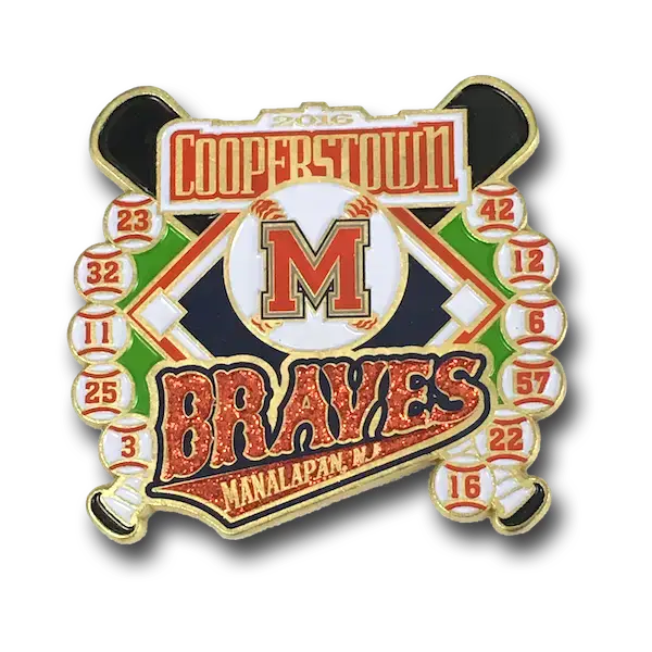 Custom enamel baseball trading pin with crossed bats, numbered balls, Cooperstown, red M, Braves Manalapan NJ team logo.