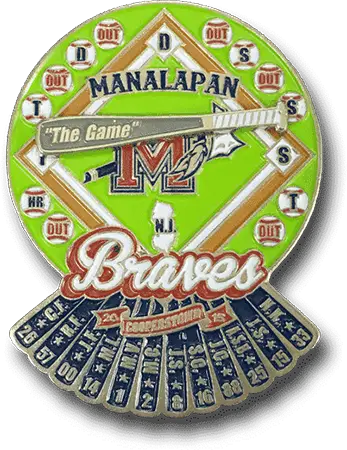 Custom baseball trading pin with MANALAPAN Braves, diamond, score markers, bat, glove, and "The Game" for Cooperstown tournaments.
