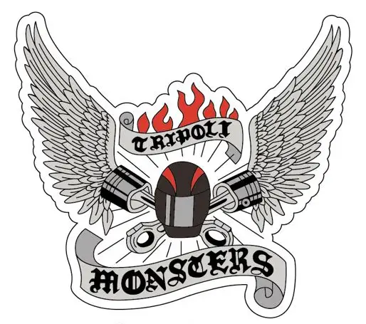 Illustration of a logo for Tripoli Monsters featuring custom motorcycle pins. A helmet, red flames, and two pistons are flanked by large, detailed wings with a banner adding to the fierce design.