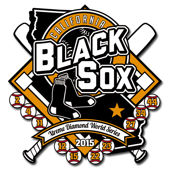 California Black Sox baseball trading pin with bats, black socks, numbered balls, Xtreme Diamond 2015 on CA outline.