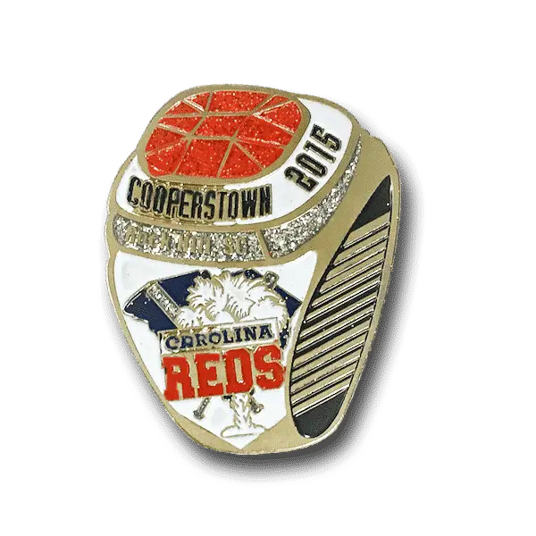 Gold ring with COOPERSTOWN 2015 on top, featuring a red baseball diamond. The side shows a white panel with the Carolina Reds logo, crossed bats, and a white tree—perfect for those who treasure Cooperstown trading pins.