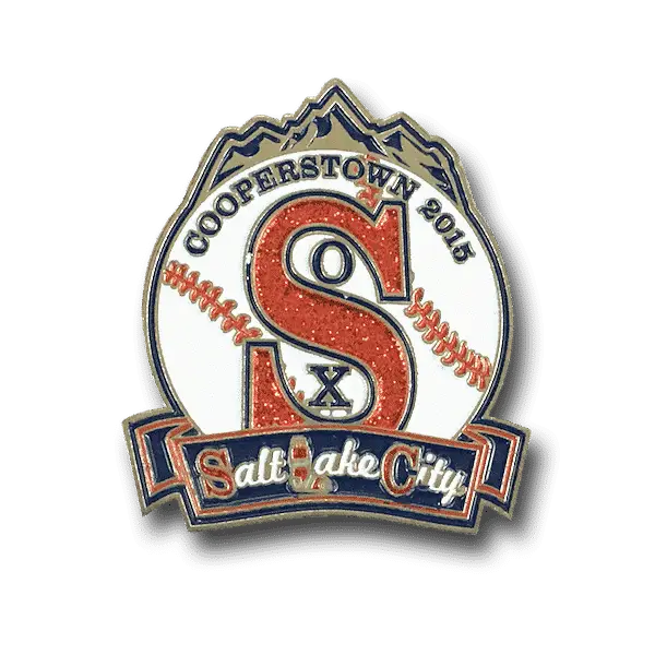 Custom Cooperstown 2015 baseball trading pin with red Sox, Salt Lake City banner, stitches, and mountain accents by ThePinCreator.com.