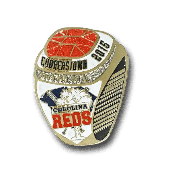 Gold Cooperstown 2015 baseball championship ring with CAROLINA REDS, bat and field; perfect for trading pin collectors.