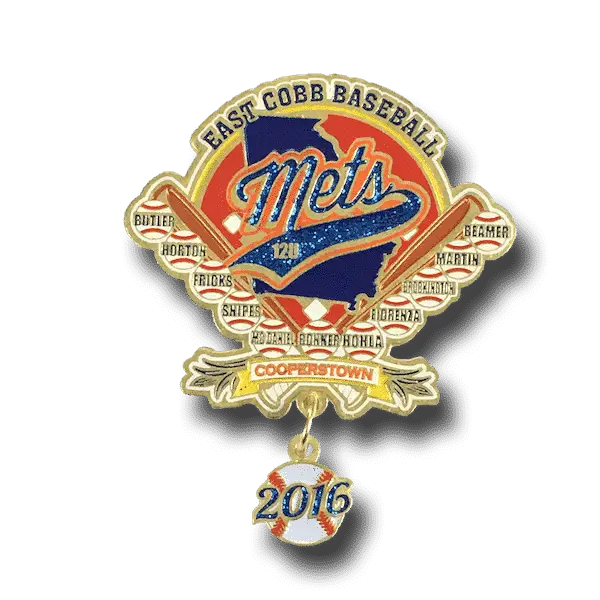 Custom enamel Cooperstown baseball trading pin with East Cobb Mets, crossed bats, player names, and 2016 baseball charm.