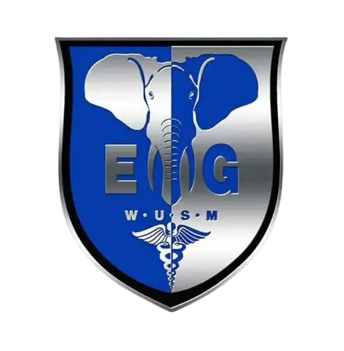 Logo with a shield design, featuring a blue and silver color scheme. An elephants head is centered above the initials E.O.G. Below is W.U.S.M with a caduceus symbol at the bottom.