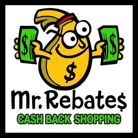 A cartoon yellow coin character with a red bandana and googly eyes holds two green dollar bills. Below, the text reads Mr. Rebates and Cash Back Shopping in black and green letters.