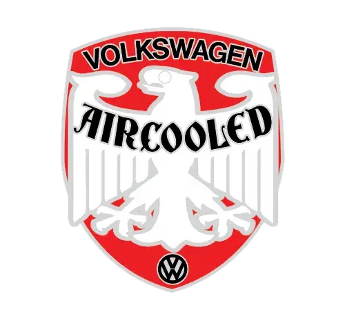 A red and white shield-shaped logo featuring an eagle with outstretched wings. The words Volkswagen Aircooled are displayed above and within the eagle. The Volkswagen logo is at the bottom.