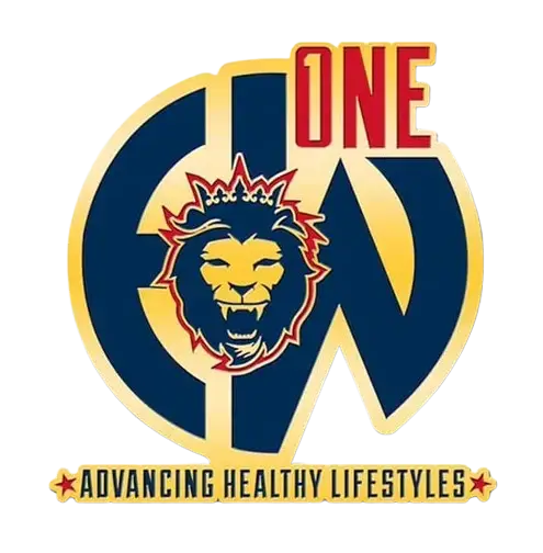 Stylized logo with the letters CWO intertwined, featuring a lions head with a crown at the center. The word ONE is at the top in red. Below, a banner reads Advancing Healthy Lifestyles in black.