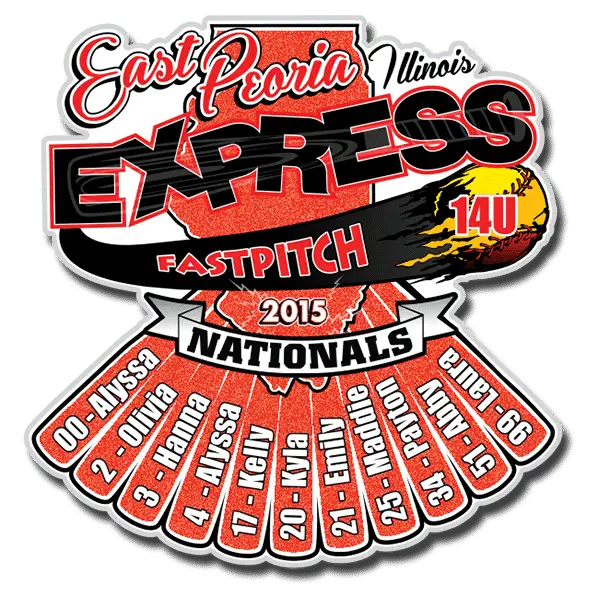 Logo for East Peoria Express Fastpitch 2015 Nationals. Features a softball with 14U and a starburst design listing names: Alyssa, Olivia, Hanna, Kiya, Emily, Maddie, Payton, and others, with jersey numbers.