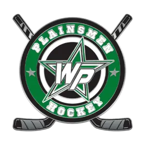 Logo featuring two crossed hockey sticks behind a circular emblem. The emblem has a green and black background with a star in the center and WP in the middle. Plainsmen Hockey is written around the circle.